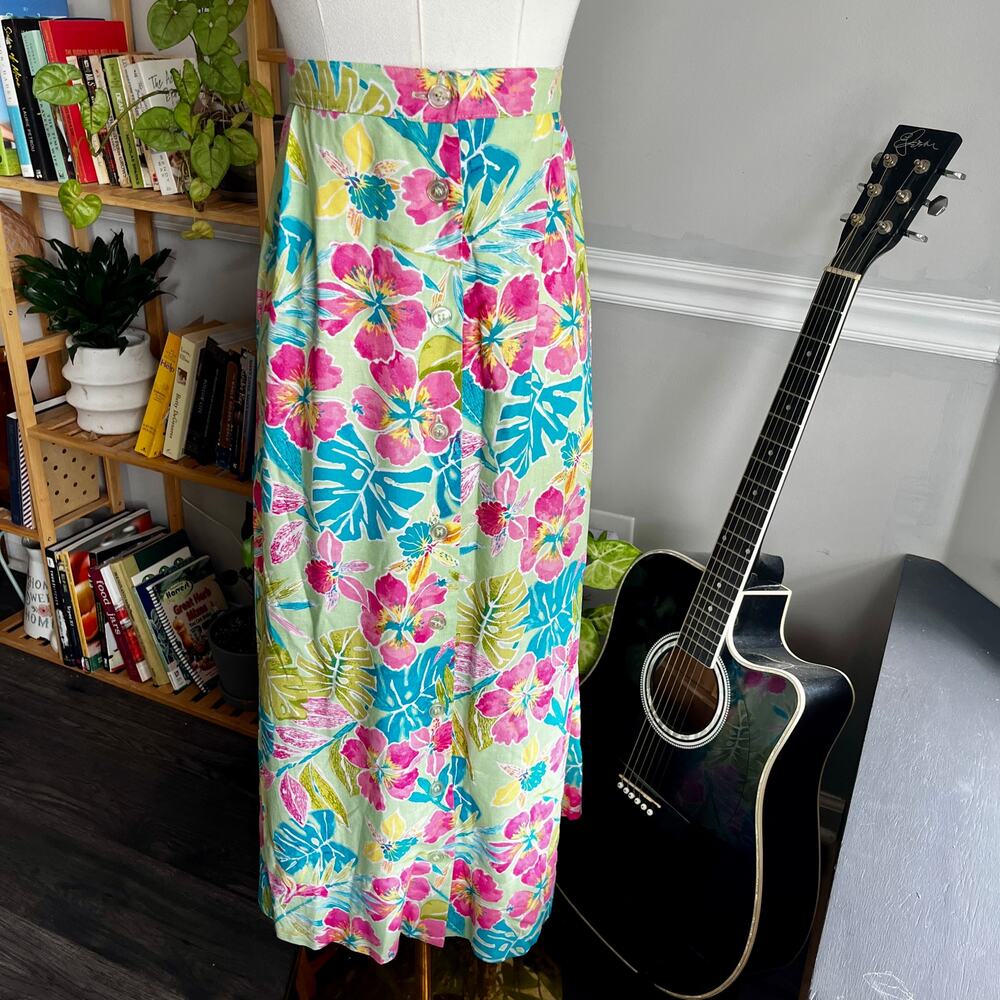 Vintage 90s Tropical Maxi Skirt Green Pink Blue Floral Button Front Size XL
